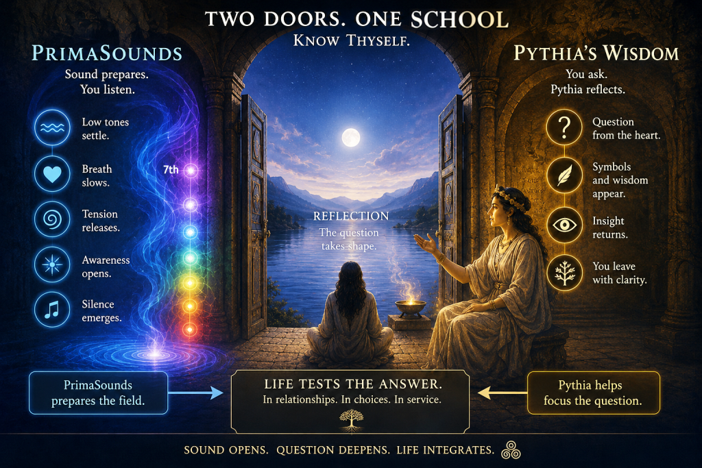 An artistic illustration depicting two doors labeled 'PrimaSounds' and 'Pythia's Wisdom' with symbolic imagery related to sound and reflection. 'PrimaSounds' features sound waves and elements suggesting relaxation and awareness, while 'Pythia's Wisdom' shows a figure contemplating symbols and insights. A serene landscape is visible through the open doors, emphasizing clarity and self-discovery.